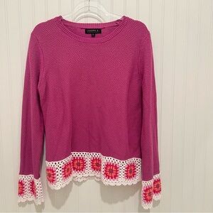 Joseph A Pink Crochet Trim Sweater Large Cottagecore